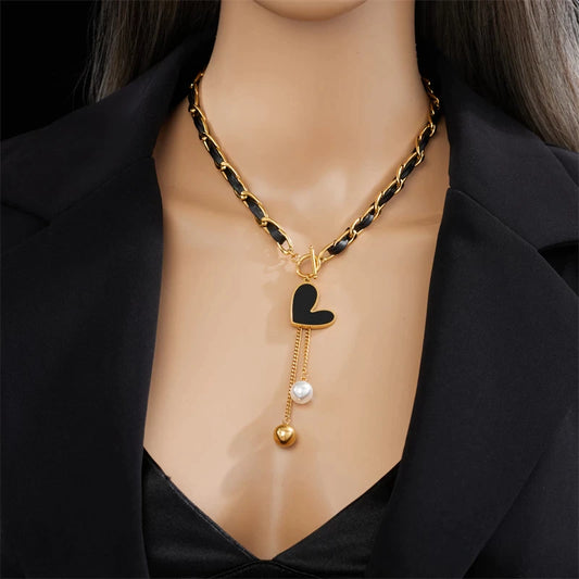 Collier Coeur noir, bijou en acier inoxydable doré