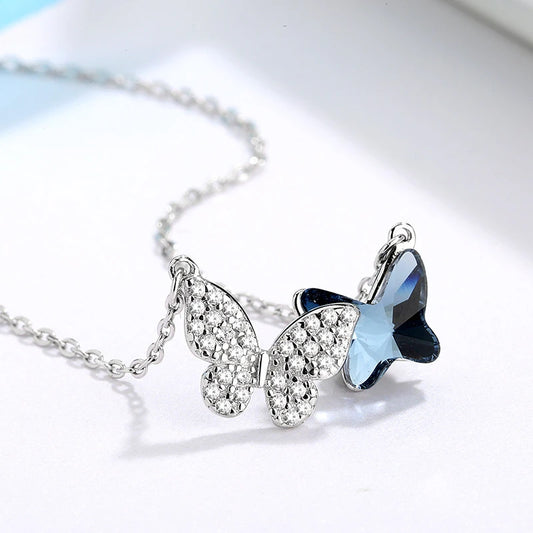 Collier Duo de papillons avec zircons et cristal, bijou en plaqué argent