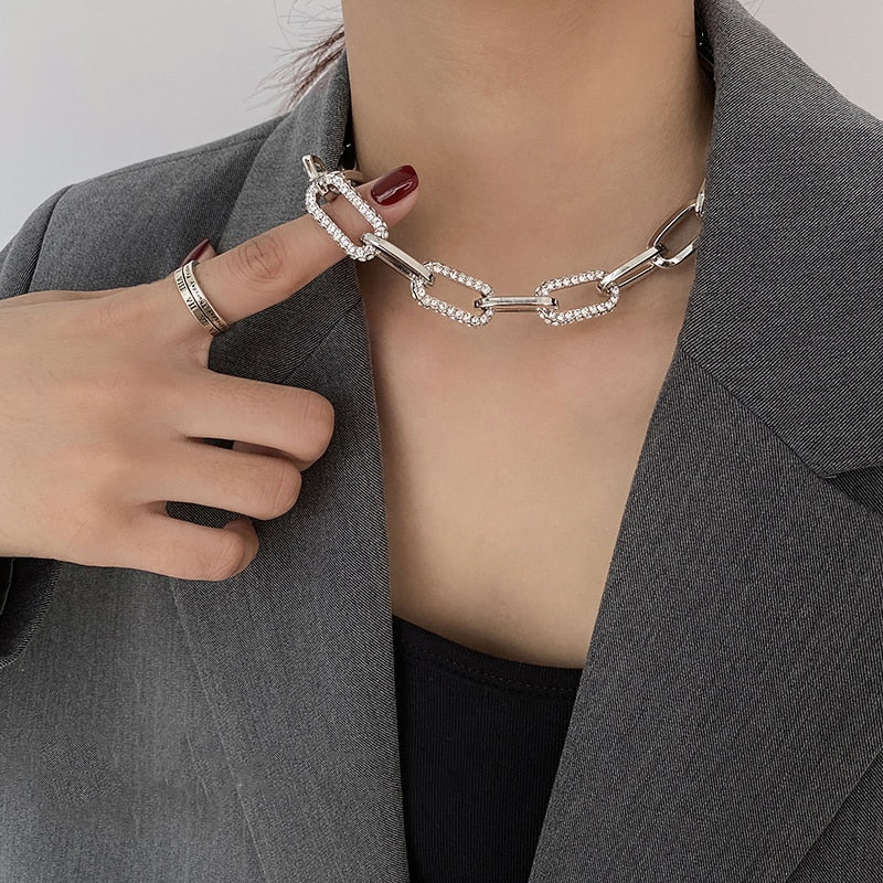 Collier ras-du-cou Maillons XL avec Zircons, bijou en acier inoxydable argenté