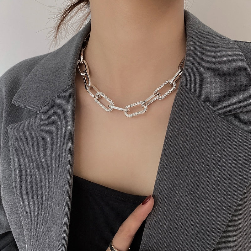 Collier ras-du-cou Maillons XL avec Zircons, bijou en acier inoxydable argenté