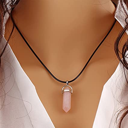 Collier pendentif en pierre naturelle Quartz rose, chaîne cuir tressé