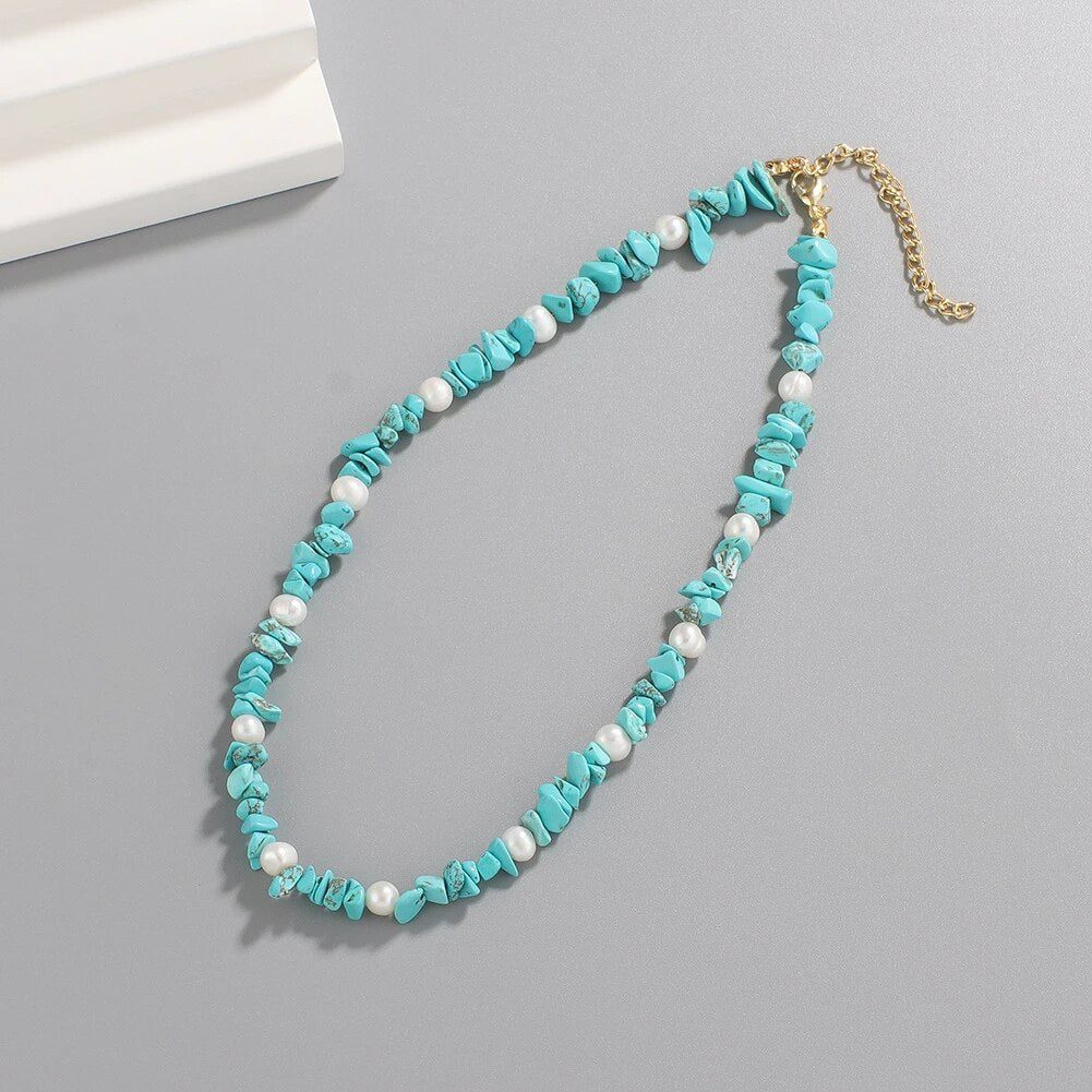 Collier de perles en Opale de corail turquoise, bijou en pierre naturelle