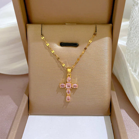 Collier Croix avec cristaux roses, bijou en acier inoxydable doré