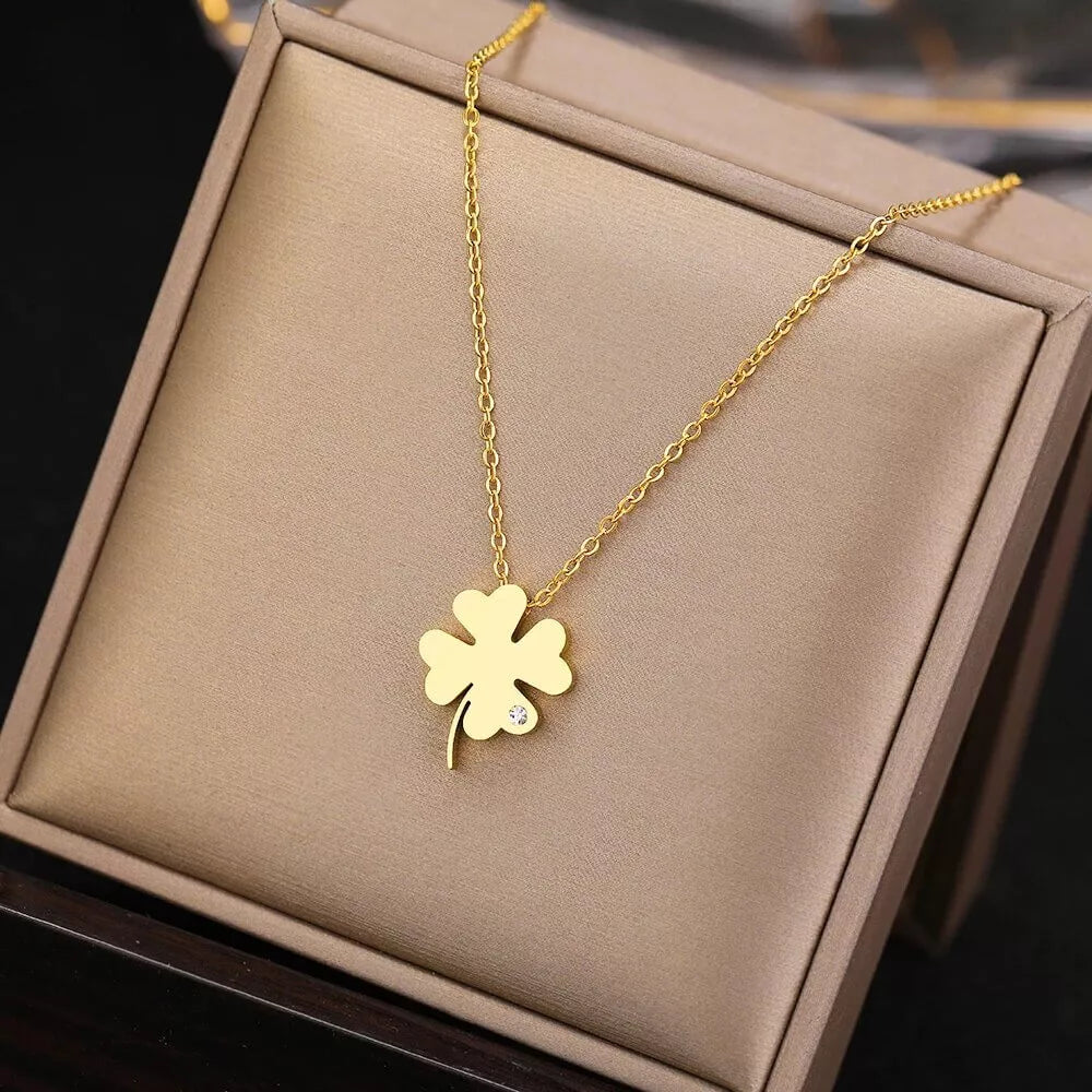 Collier Trèfle à Quatre Feuilles, bijou en acier inoxydable doré