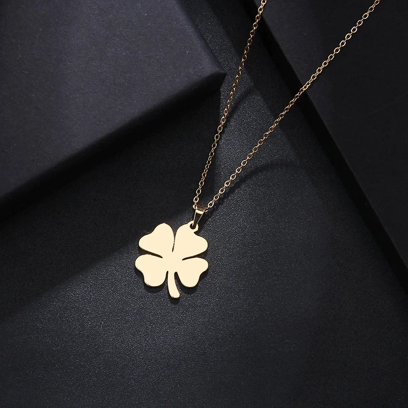 Collier pendentif Trèfle porte-bonheur, bijou en acier inoxydable doré